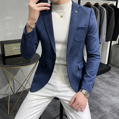 Men's Deerskin Fleece Suit Jacket 2025 Spring New High Quality Single Button Slim Fit Business Casual Suit Coat  Men Clothing
