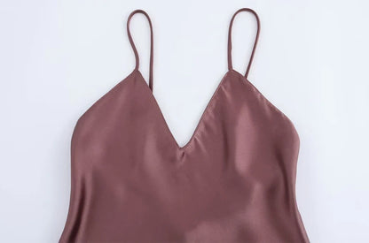 Women's Satin Midi Dress, V Neck, Thin Straps, Backless, Female Dresses, Sexy Fashion