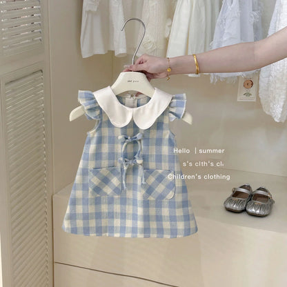 Summer Girls Casual Dresses with Hat Children's Clothing 2025 New Girls' Hollow Out Sleeveless Skirt Children's Lace Dress