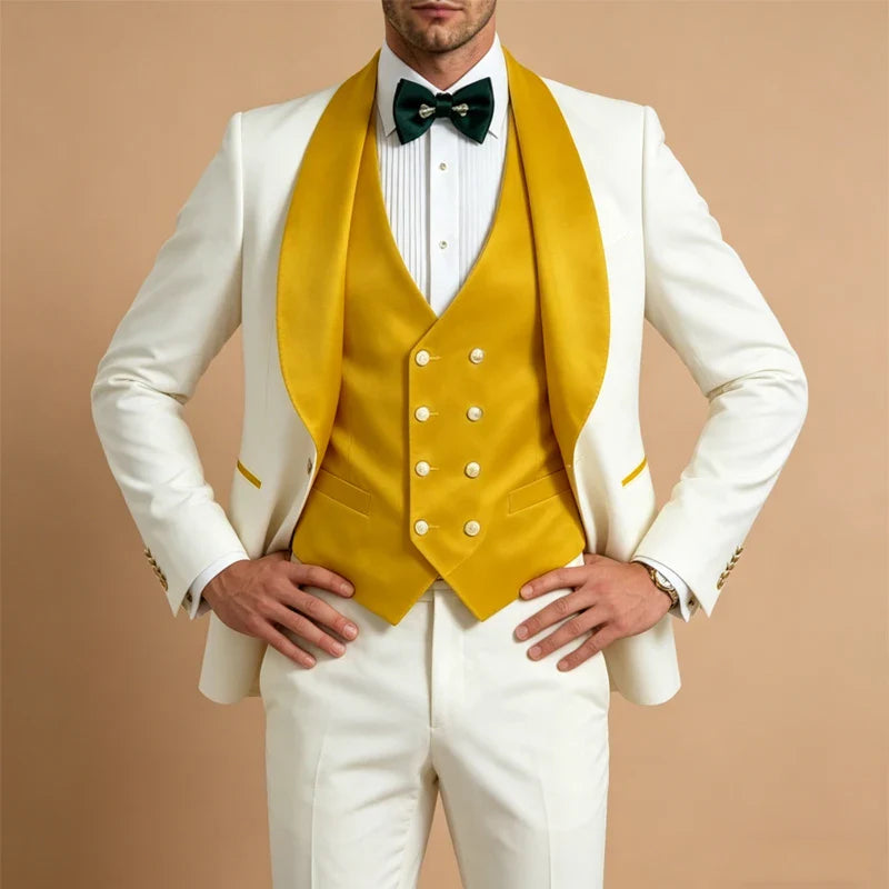 Men White Tuxedo Suit 3 Piece Shawl Lapel Slim Fit 1 Button Velvet Collar Patched Blazer Vest Pants Set for Wedding Party Groom