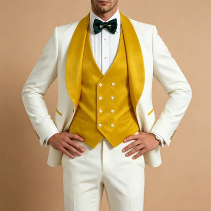 Men White Tuxedo Suit 3 Piece Shawl Lapel Slim Fit 1 Button Velvet Collar Patched Blazer Vest Pants Set for Wedding Party Groom