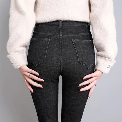 2023 Fashion Women Stretch High Waist Pencil Pants Casual Female Velvet Jeans High Quality Fleece Mom Jeans Thick Plush Pants