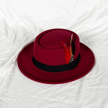 NEW Vintage Pork Pie Hat Mens Rolled Brim Felt Fedora Hat with Feather Gentleman Trilby Jazz Hats
