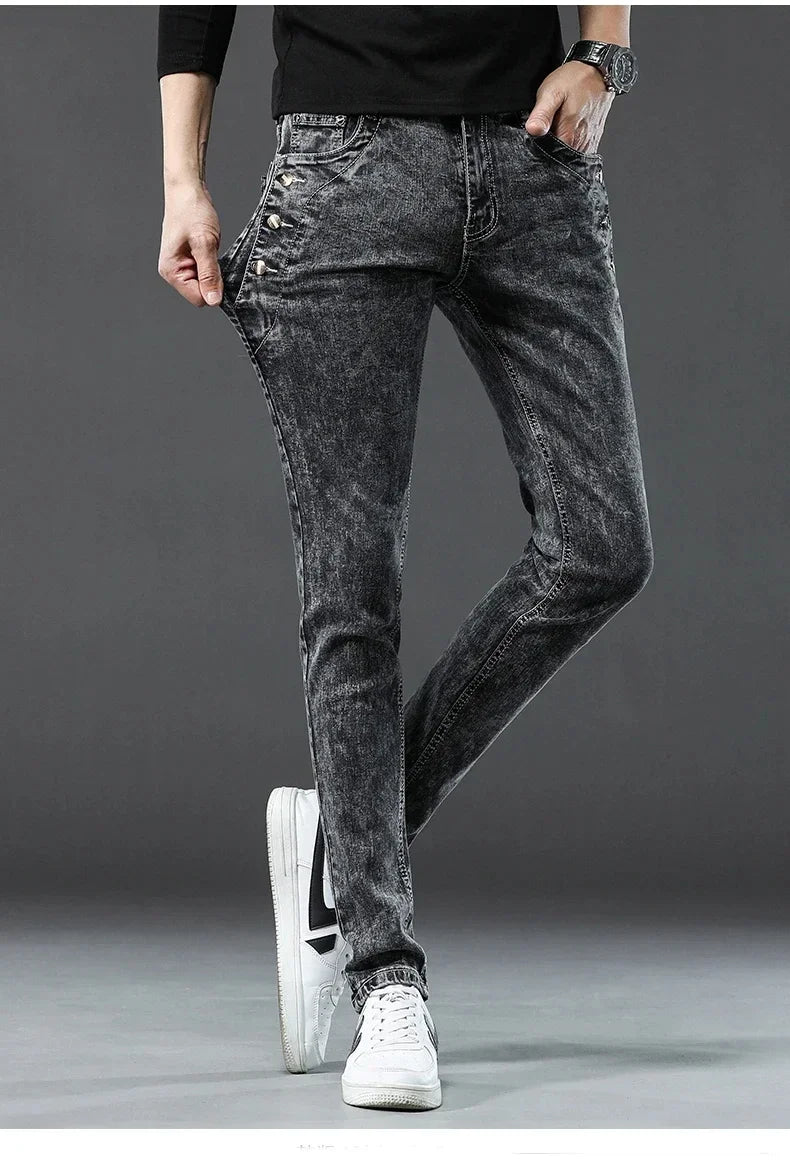 Men's Vintage Jeans Designer Korean Fashion Snowflake Wash Stretch Straight Pencil Pants Classic Slim Male Denim Trousers