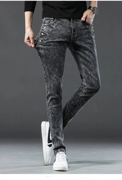 Men's Vintage Jeans Designer Korean Fashion Snowflake Wash Stretch Straight Pencil Pants Classic Slim Male Denim Trousers