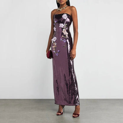 Gliter Purple Sequin Evening Gown Ankel Length Formal Party Dress Strapless Saudi Arabia Dress With Flowers Prom Dress