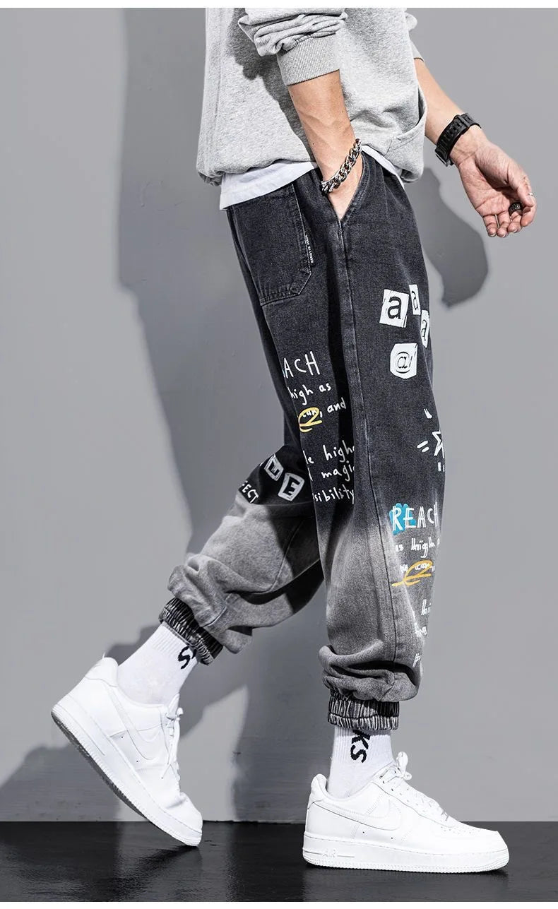 Printing Jeans Men's Gradient Hip Hop Trousers Harem Cartoon Loose Casual Ankle Banded Pants Cargo Denim Jeans Fashion