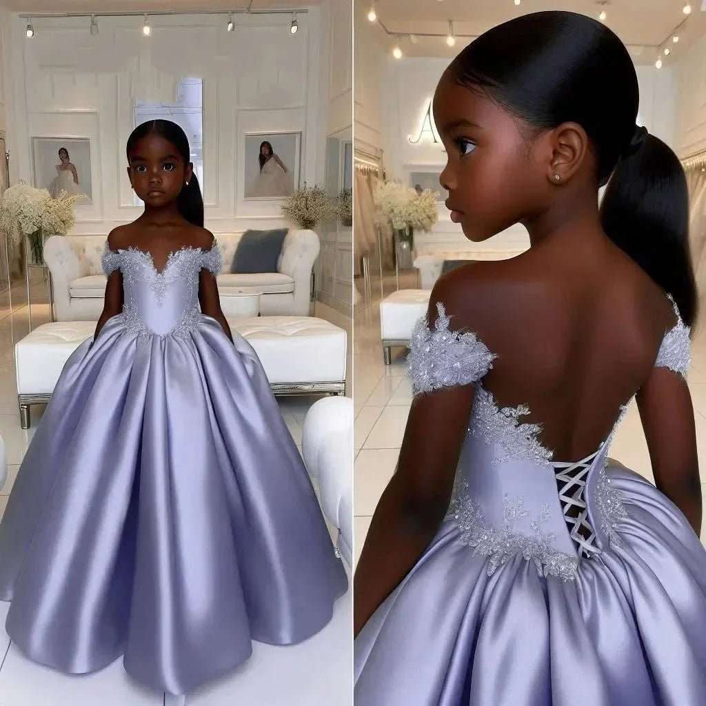 Custom Light Blue Lace Off Shoulder Flower Girl Dress First Christmas Dress Wedding Party Gown for Girls فساتين اطفال