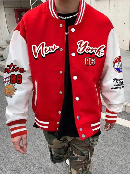 Summer Manfinity EMRG Oversized Men's Drop Shoulder Varsity Jacket with Letter Graphic Striped Trim and Colorblock Design