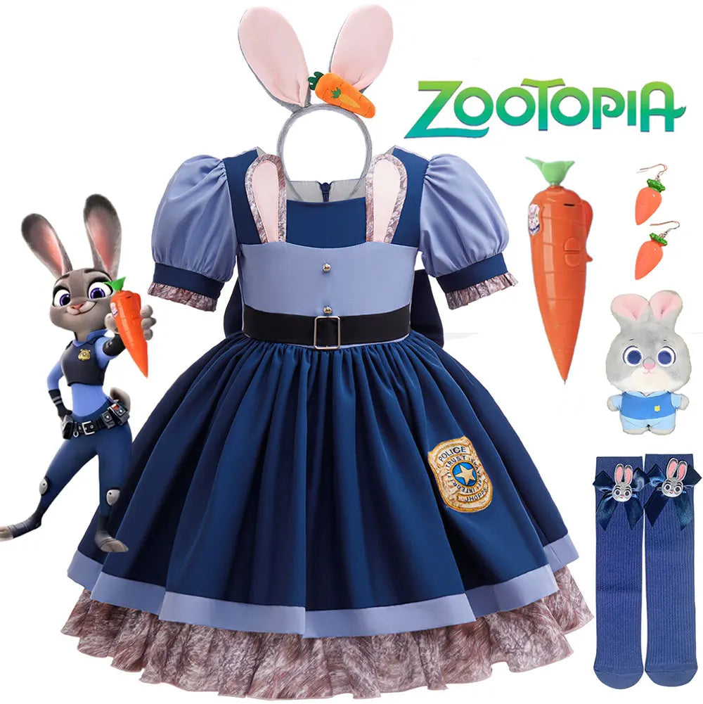 2026 New Movie Zootopia 2 Brave Bunny Adventure Carnival Baby Girl Role Play Judy Hopps Rabbit Officer Uniform Dress Suit