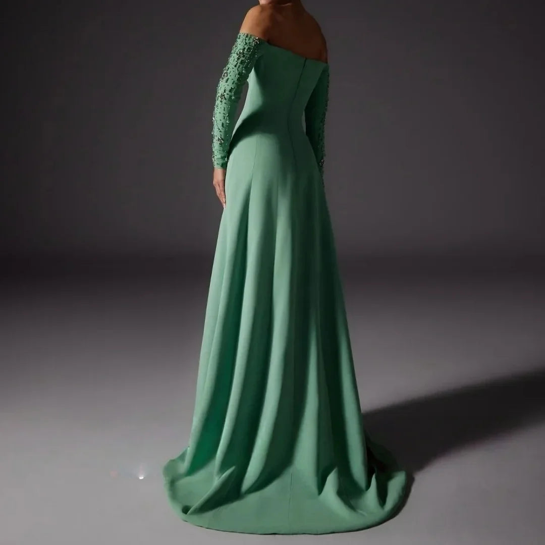 Customized Green Glitter Off The Shoulder Prom Dresses Long Sleeves فساتين للمناسبات الخاصة Strapless vestidos de festa