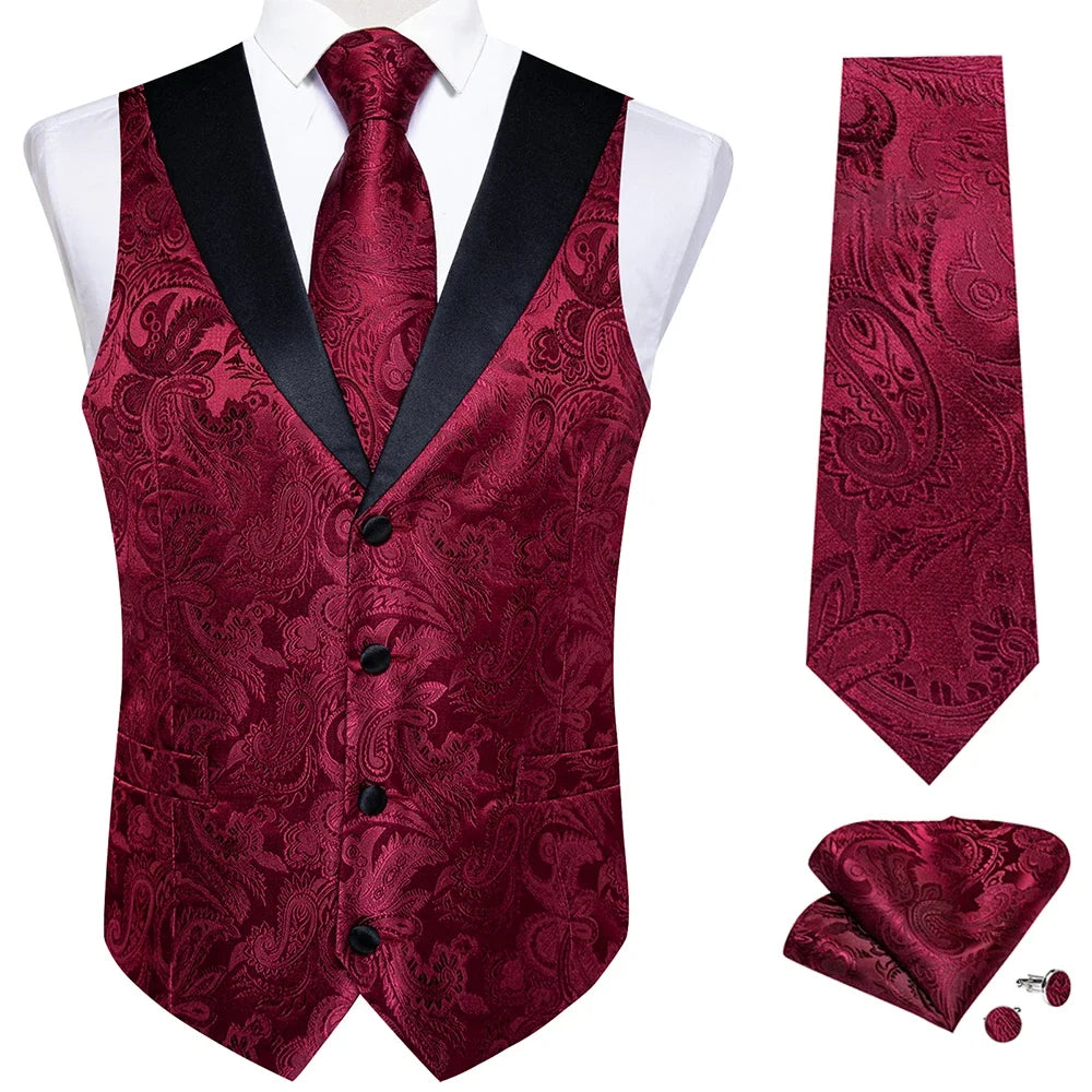 Men's Paisley  Suit Vest with Macthing Golden Paisley Neck Tie Handkerchief Cufflinks Wedding Prom Tuxedo Waistcoat