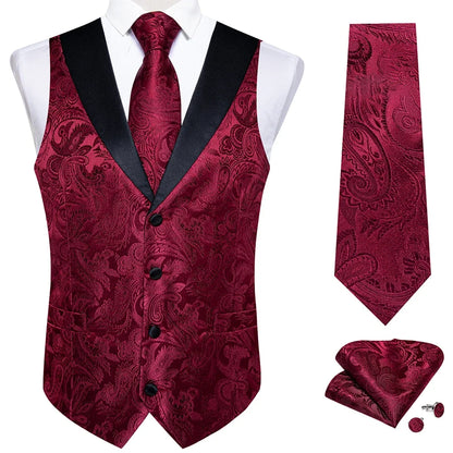 Men's Paisley  Suit Vest with Macthing Golden Paisley Neck Tie Handkerchief Cufflinks Wedding Prom Tuxedo Waistcoat