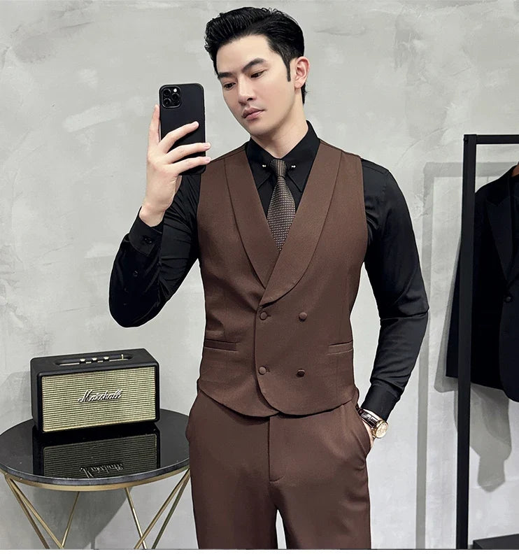 High-end Double-breasted Suit Vest With Pants 2024 New Men Fashion Slim Business Casual Best Groom Wedding Dress Vest  2 Pcs Set