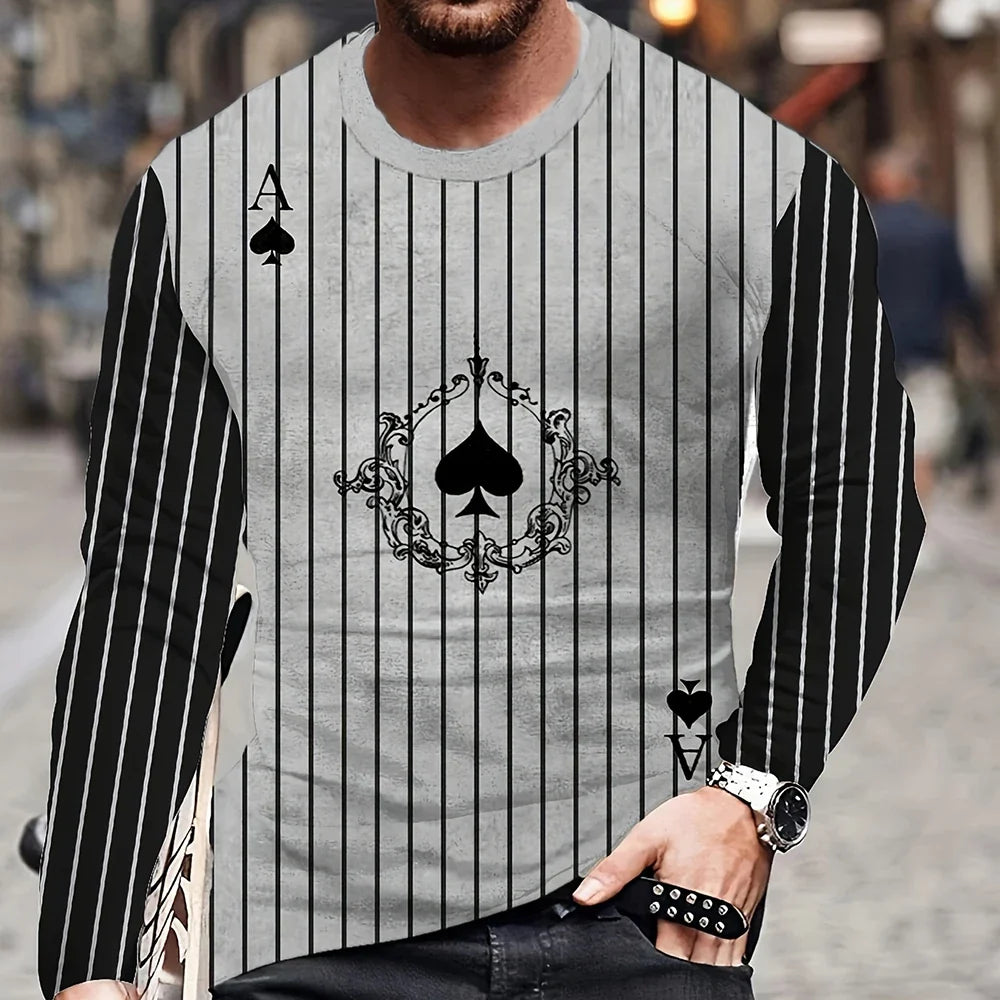 Summer Men's T-Shirt Big Size Loose Retro Short Sleeve Fashion American Poker Letter Print O Neck Long Sleeve Autumn Shirt