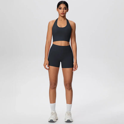 2picese Women Yoga Suit Solid Color High Waist Hip Push Up Fitness Shorts Sexy Pilates Backless Gym Hanging Neck Bra Yoga Set