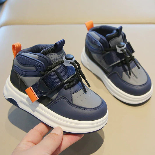 Comfy Kids Boys and Girls Navy Blue and Gray Color-Blocked High-Top Sneakers, Breathable Mesh Surface with Rotating Buckle and Velcro, Wear-Resistant, Grip-Enhancing, Lightweight Children's Shoes, Suitable for Spring and Autu