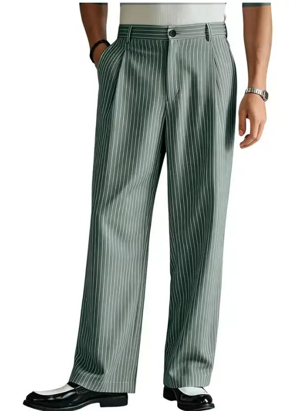 Vintage Men Pants Thin Slacks Business Striped Trousers High Waist Pleated Wide Leg Loose Straight Casual Office Wedding