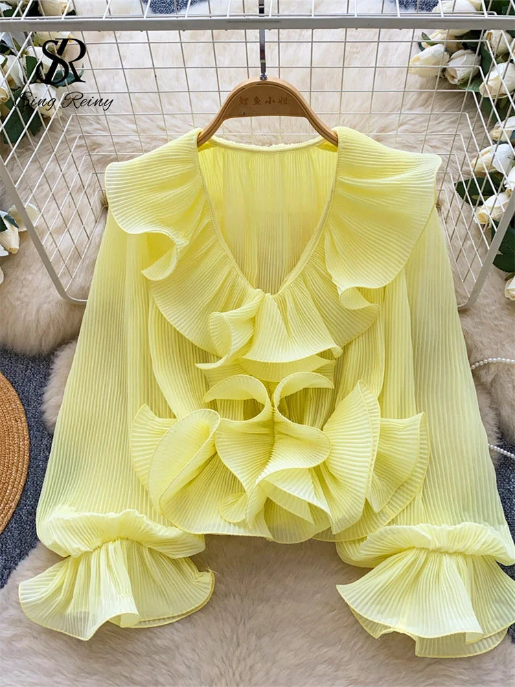 Ruffles Pleated Romantic Tops Thin Spring Summer V Neck French Elegant Blouse Fairycore Flowy Office Lady Luxury Shirt