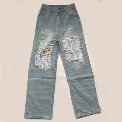 2026 Women's Y2K American Style High Waist Lace Spliced Denim Pants Loose Wide Leg Trousers Fashion Hottie Hole Patchwork Jeans