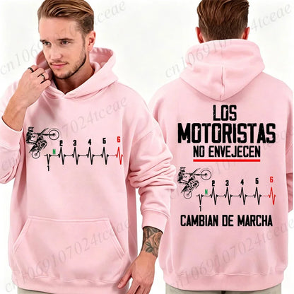 Mens Spanish Motorcycle Biker Hoodies Los Motoristas No Envejecen Print Pullover Hooded Sweatshirt Fleece Casual Outerwear Gift