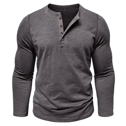 New Autumn Long Sleeve T-Shirt Mens Casual Solid Color Top Henley Neck Slim Versatile Work T-shirt Breathable Outdoor Thin Tee