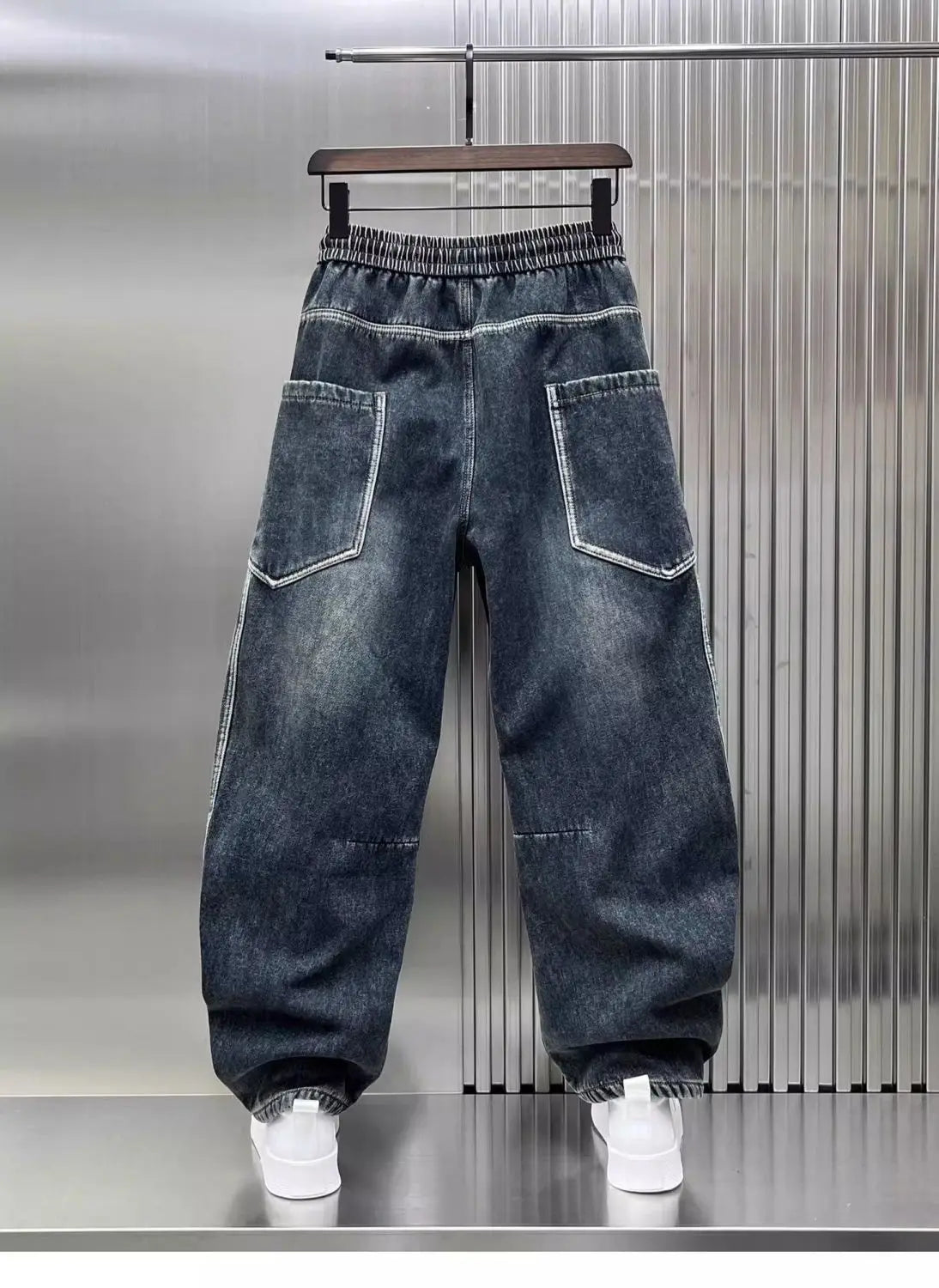 Spring Autumn 2025 New Splicing Cutting Elastic Waist Large Size Boys Washed Loose Wide Leg Big Pocket Scimitar Drawstring Jeans