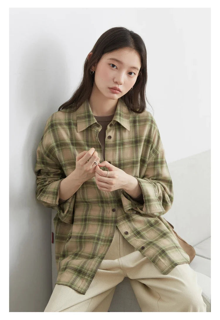 Women Shirts Loose Casual New Sanding Plaid Shirt Long Sleeve Medium Long Length Blouses Female Tops Spring Autumn 2025