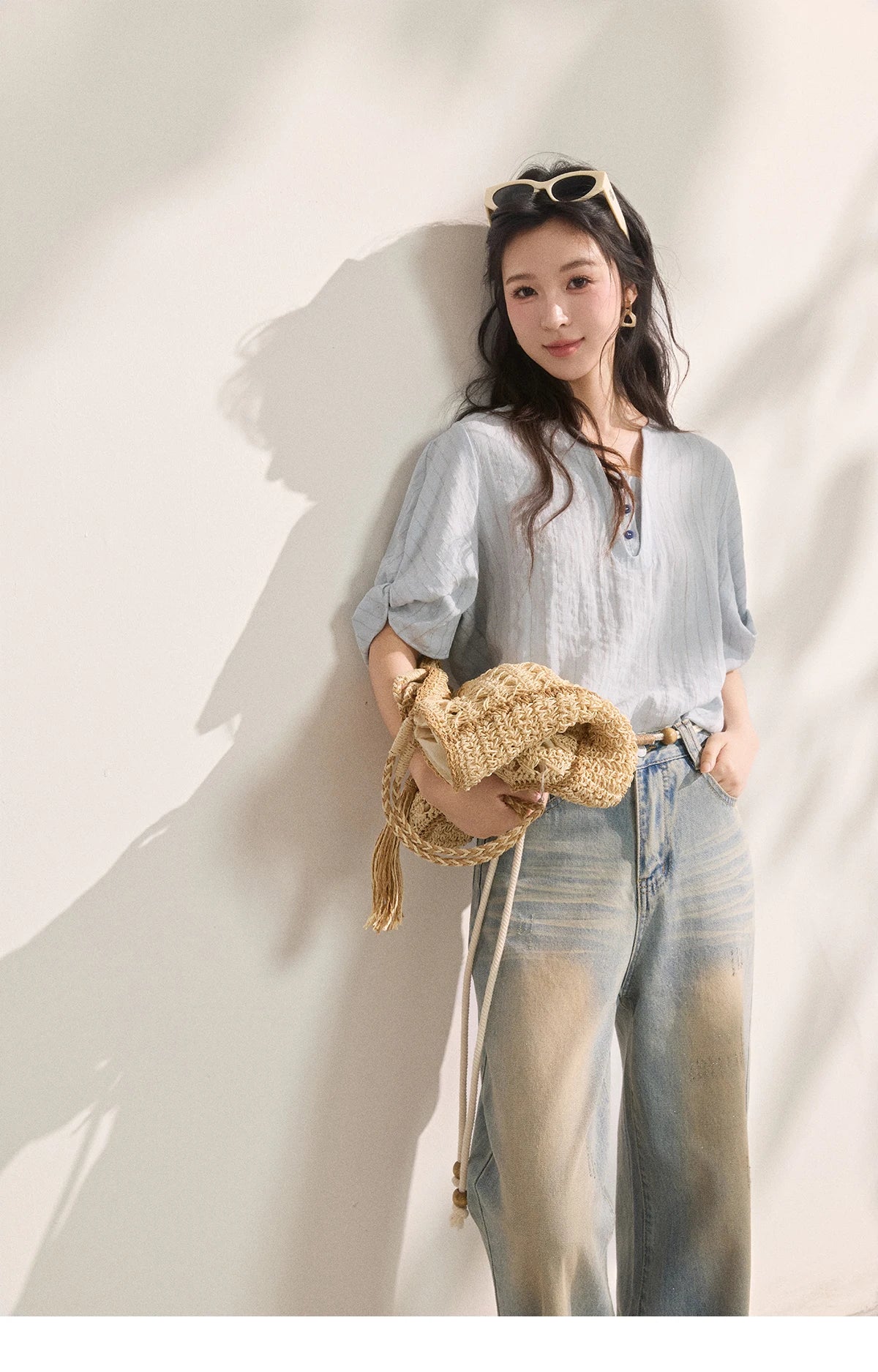 Women French Vertical Stripe Blouse Summer Seven Quarter Sleeve Loose Blouse Minimalist Solid Top Office Lady MXF16X2562