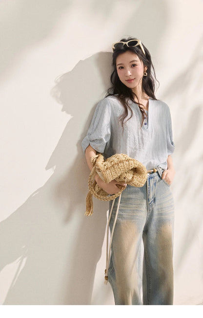 Women French Vertical Stripe Blouse Summer Seven Quarter Sleeve Loose Blouse Minimalist Solid Top Office Lady MXF16X2562