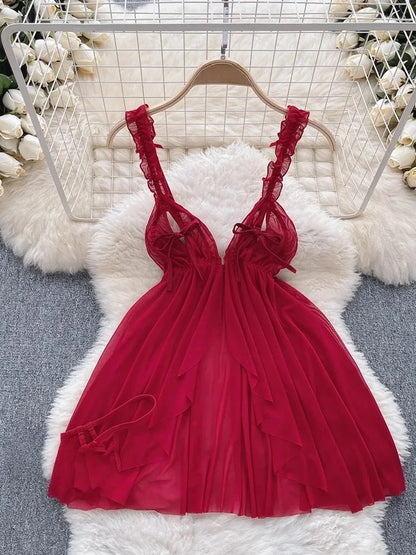Woman Fashion Sexy Strap Dress New Sleeveless Slim Floral Print Mini Dress Comfortable Breathable Mesh Lace Mini Dress