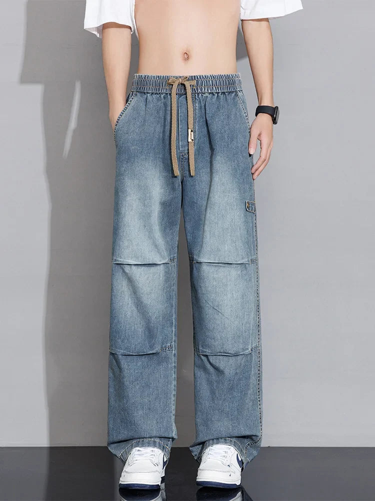 Men's Cargo Jeans 2026 New Spring Summer Wide Leg Denim Pants Straight Baggy Jeans Asian Size L-5XL