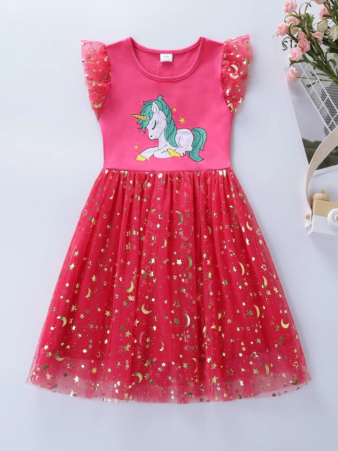 Summer New Girl's Cotton Unicorn Embroidered Mesh Spliced Sleeveless Dress SH1701
