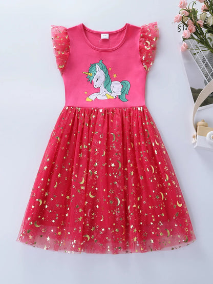 Summer New Girl's Cotton Unicorn Embroidered Mesh Spliced Sleeveless Dress SH1701
