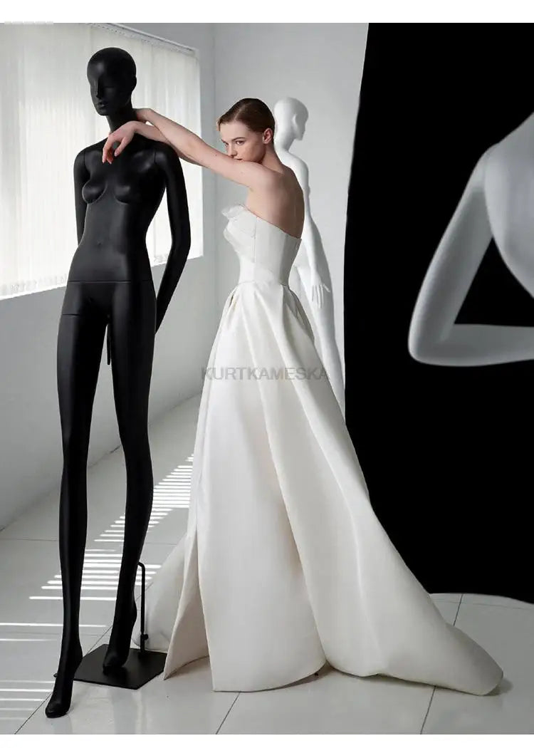 French Luxury White Satin Trailing Wedding Dresses for Bride 2026 Women Elegant Sexy Strapless Long Prom Party Dress Vestidos