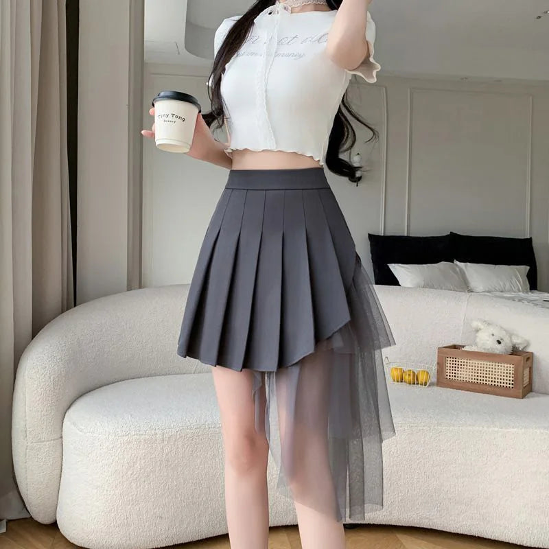 Mesh Patchwork Pleated Skirts Women High Waist Fashion Slim Sexy Mini Skirt Korean Sweet Preppy Style Spring Summer A Line Skirt