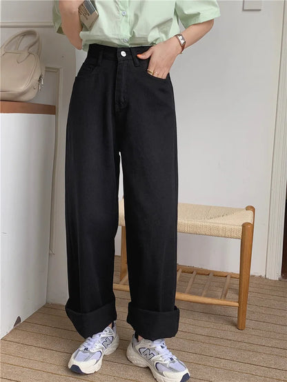 Korean Sle Simple Pure Color Wide Leg Jeans Pants for Women Summer Season Fall Collection Faion Ladies Premium Denim