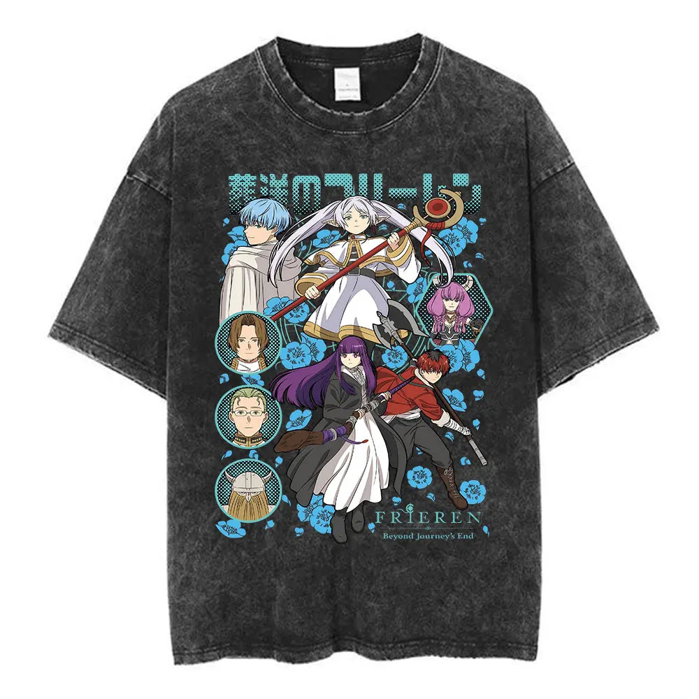 Anime Frieren: Beyond Journey's End Graphic Washed Vintage T-shirt Men's Women Fashion Short Sleeve Cotton Casual Loose T Shirts