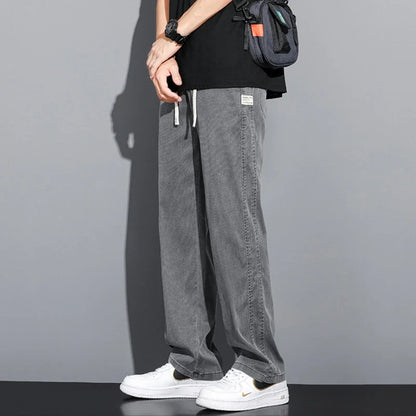 Summer Soft Lyocell Fabric Men's Jeans Thin Loose Straight Pants Drawstring Elastic Waist Korea Casual Trousers Plus Size M-5XL