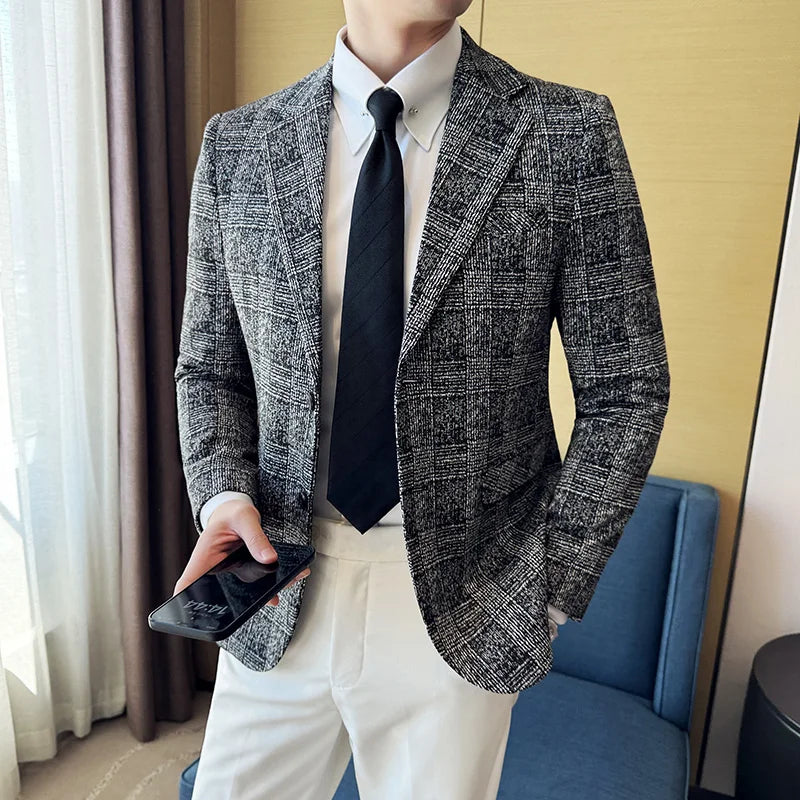 High Quality Meteor Grid Suit Jackets Men British Style Slim Fit Business Casual Fashion Blazers Formal Men Wedding Party Tuxeds