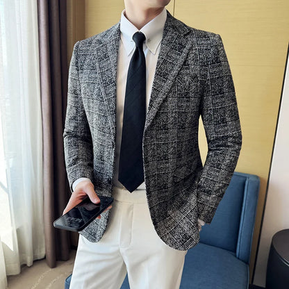 High Quality Meteor Grid Suit Jackets Men British Style Slim Fit Business Casual Fashion Blazers Formal Men Wedding Party Tuxeds