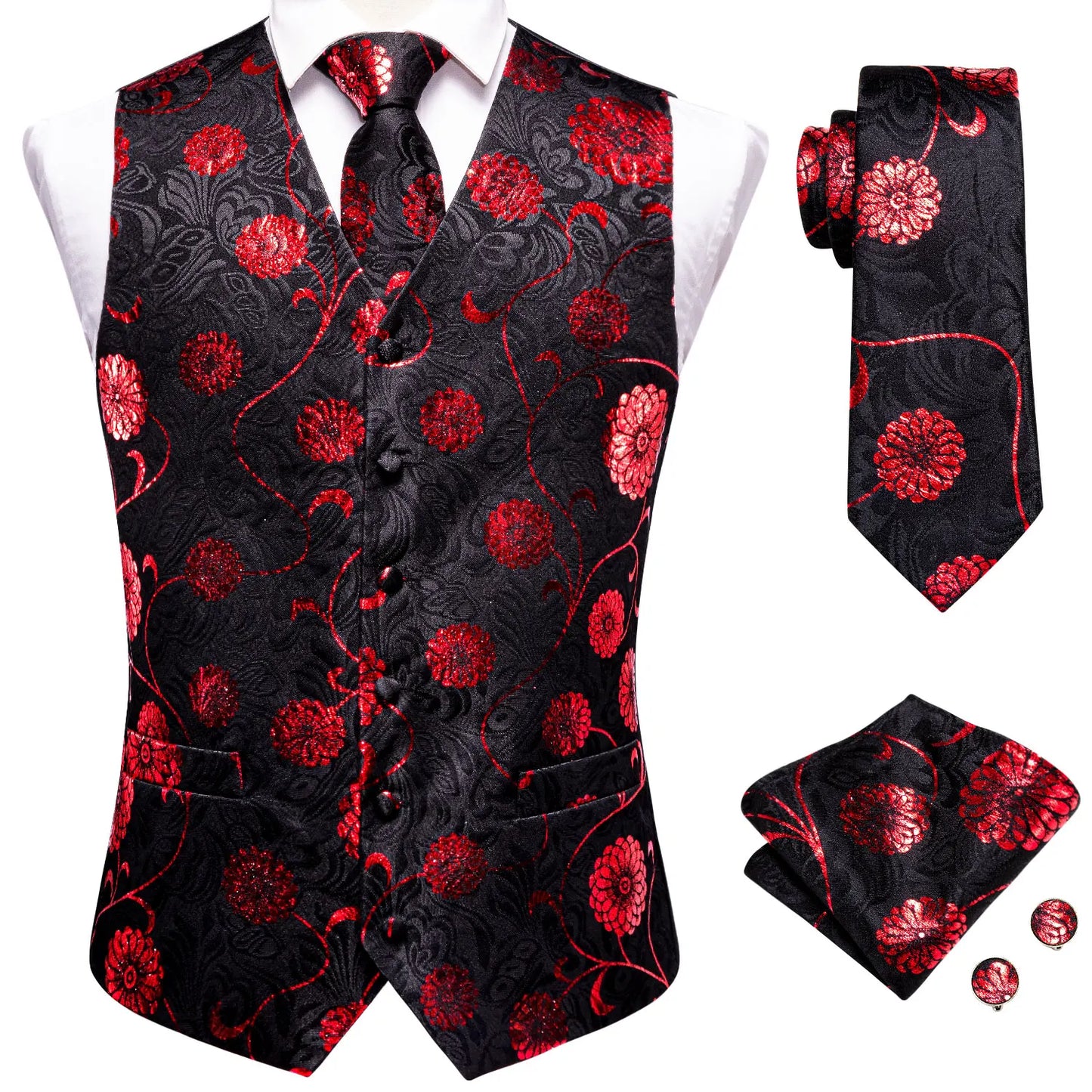 Hi-Tie Black Red Floral Mens Vest Tie Set Jacquard Waistcoat Sleeveless Jacket Necktie Hanky Cufflinks Wedding Business XXL