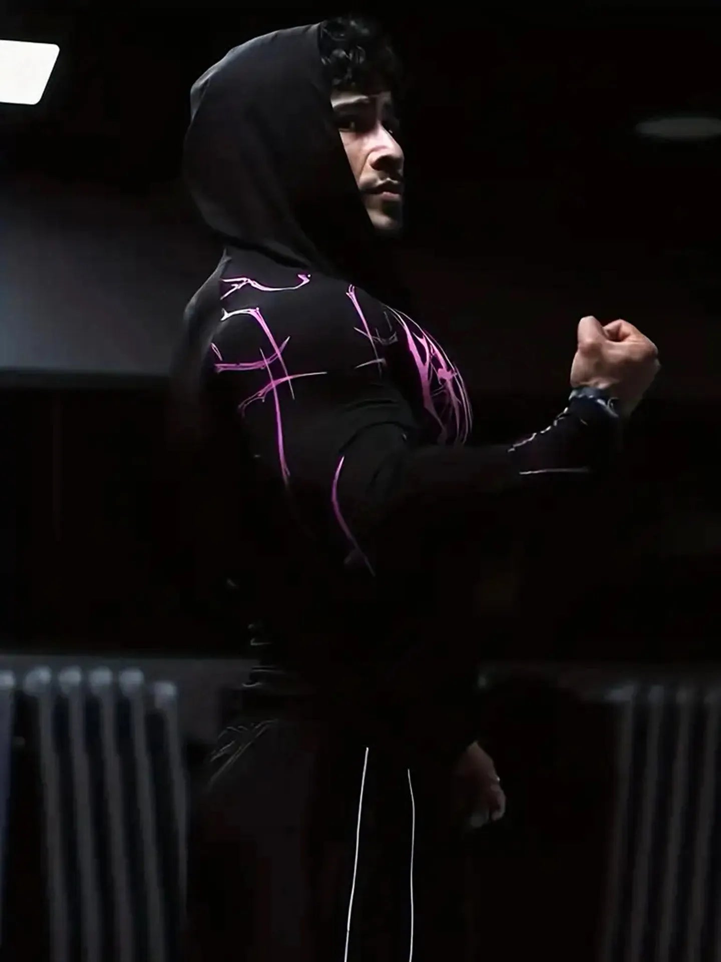 2026 Spring Summer New Men's Black Hooded Sports Compression Long Sleeve Shadow Style Street Subcultural Style