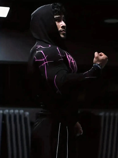 2026 Spring Summer New Men's Black Hooded Sports Compression Long Sleeve Shadow Style Street Subcultural Style