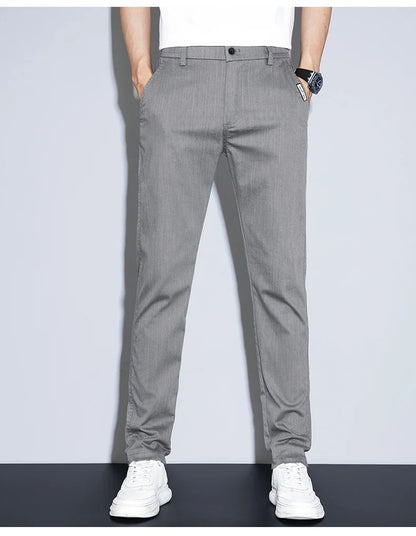 Spring Summer Thin Men's Slim Straight Casual Pants Fashion Korean Solid Color Elastic Comfortable Business Gray Trousers