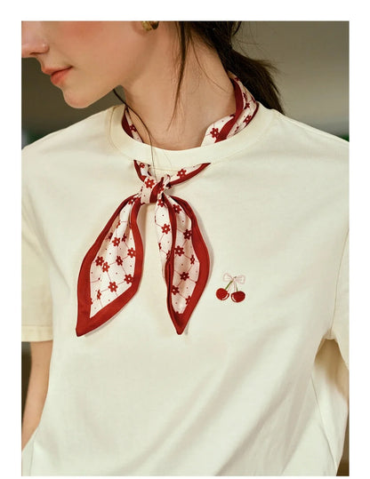 Women T-Shirt 2026 New Summer Neckline Hollow Tops French Style Silk Scarf with Embroidered Short-sleeved Tees O57XT96396