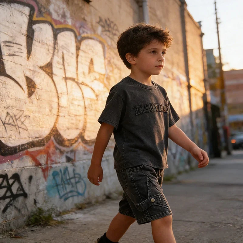 Toddler Boys 2Pcs Summer Outfits Letter Short Sleeve T-Shirt Washed Denim Shorts Set Kids Boys Casual Streetwear Clothes 2-6Year