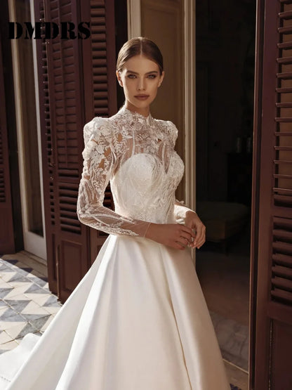 Elegant Long-Sleeved Wedding Dresses Charming Appliqué Bridal Gowns Formal Lace Floor-Length Wedding Gowns Vestidos De Novia