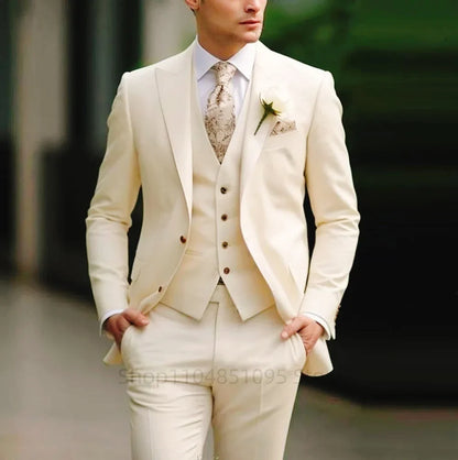 Elegant Gray Men's Suit Slim Fit Fashion Wedding Tuxedo 3 Piece Two Buttons Peak Lapel Blazer Vest Pants for Party Homme Costume