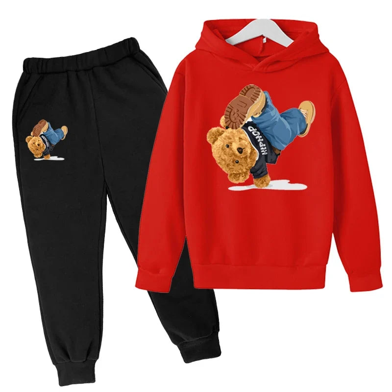 Kids Hoodie Set Cotton Top Pants 2pcs Sets Spring/Autumn Children's Clothing Street Dance Cartoon Bear Print Boys Girls Tops